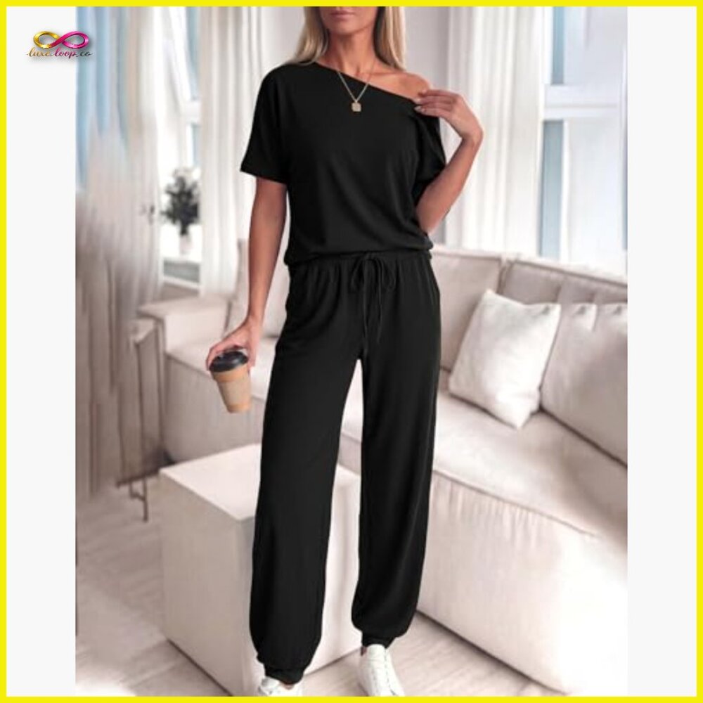 Off Shoulder Tracksuit Set Loose Fit Elastic Waist Drawstring Pants Summer - Picture 6 of 7